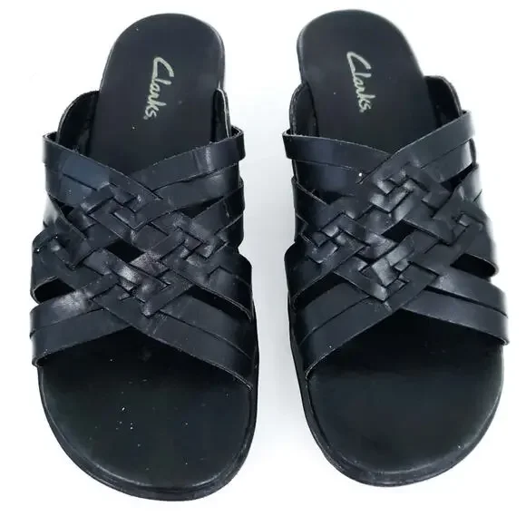 Clarks Sandals Black Slide on Leather Shoes 9M - Picture 2 of 7